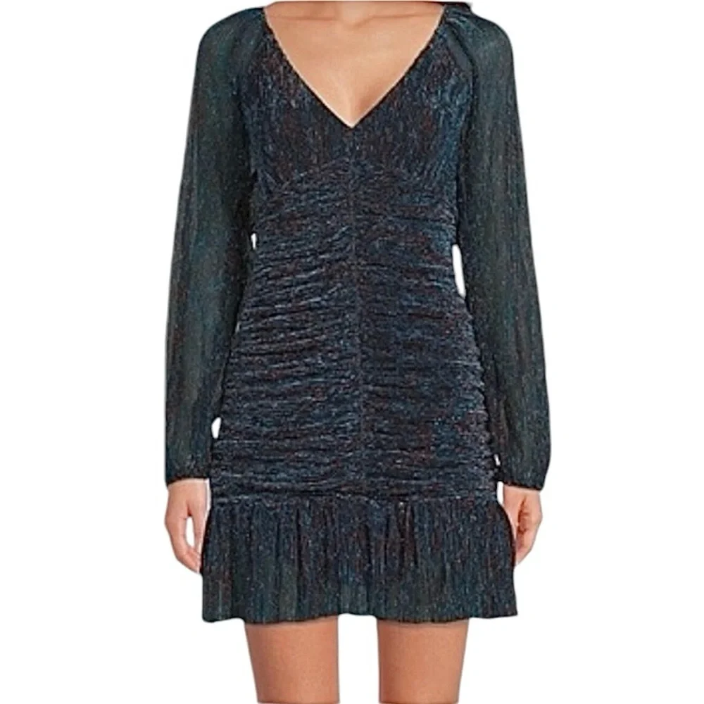 Skies Are Blue Runched Sheer Long Sleeve Black Teal Metallic Midi Dress - Picture 2 of 13